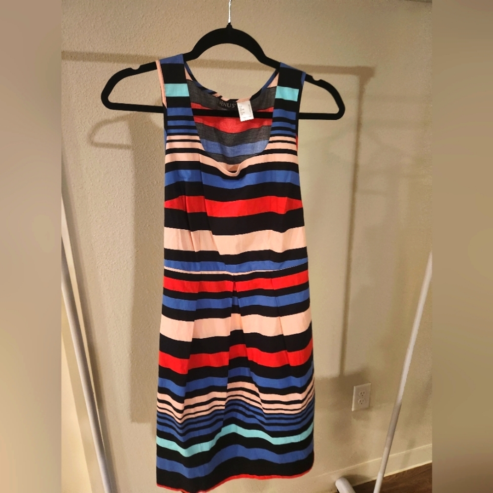 NEVER Worn: Venus Clothing Size 6 Multi-Striped Pleated Dress w/ Pleather Belt